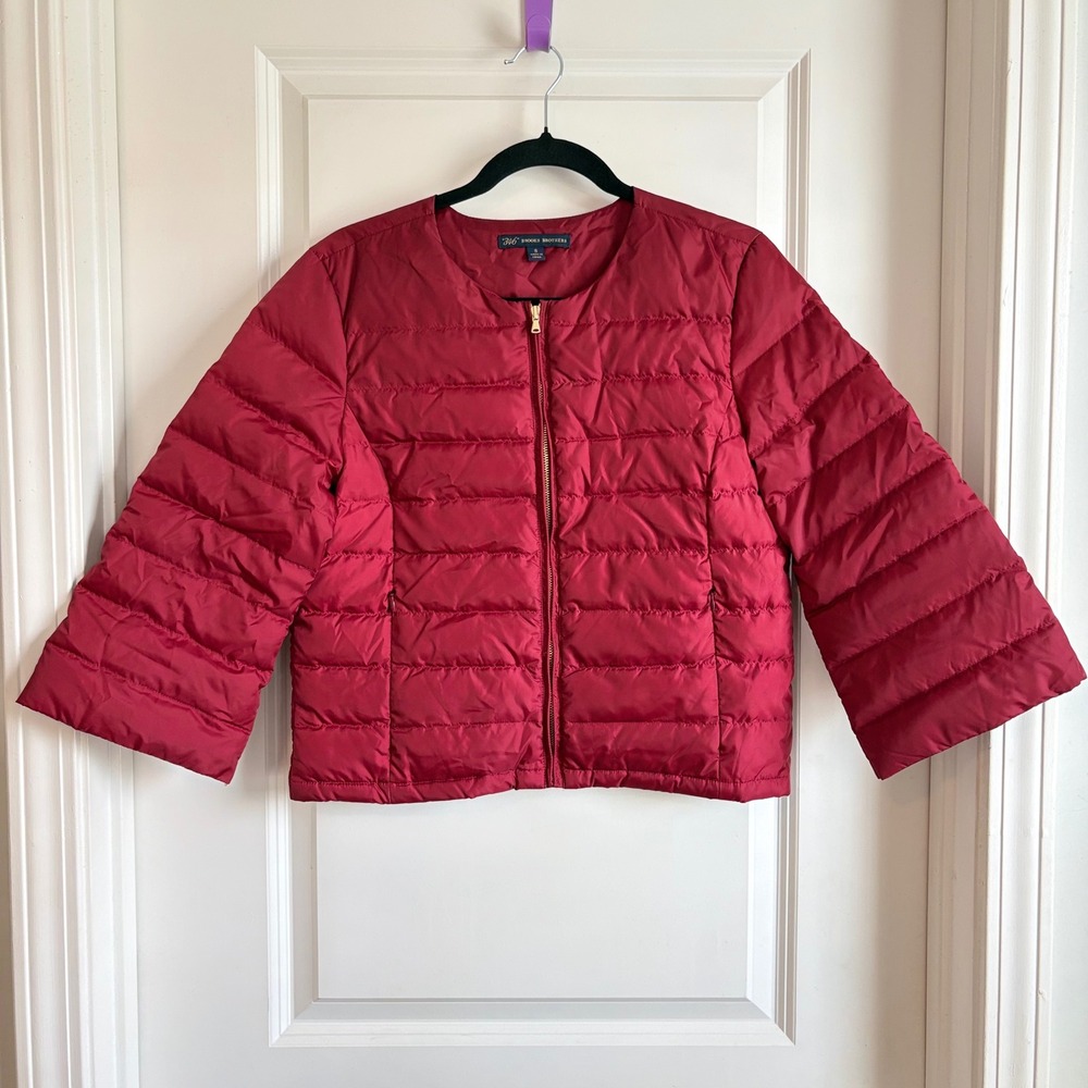 Brooks Brothers 346 Red Quilted Duck Down Puffer Jacket Collarless 3/4 Sleeve Sm